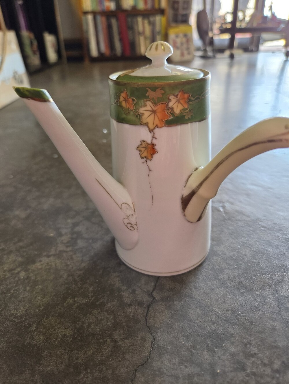 Antique Hand Painted Nippon Chocolate Pot Green Crown Mark Maple Leaves Creamer